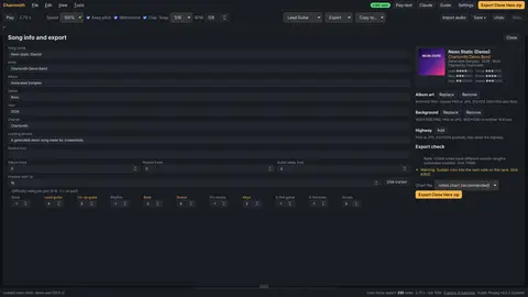 Chartsmith song info and export, ready to make a Clone Hero zip.