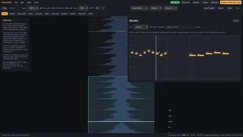 Chartsmith vocals editor with lyrics and pitched phrases on a pitch lane.