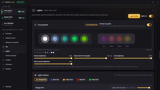 The FrontLink Lights page with a live preview of five fret lights glowing white, blue, teal and green, and brightness sliders.
