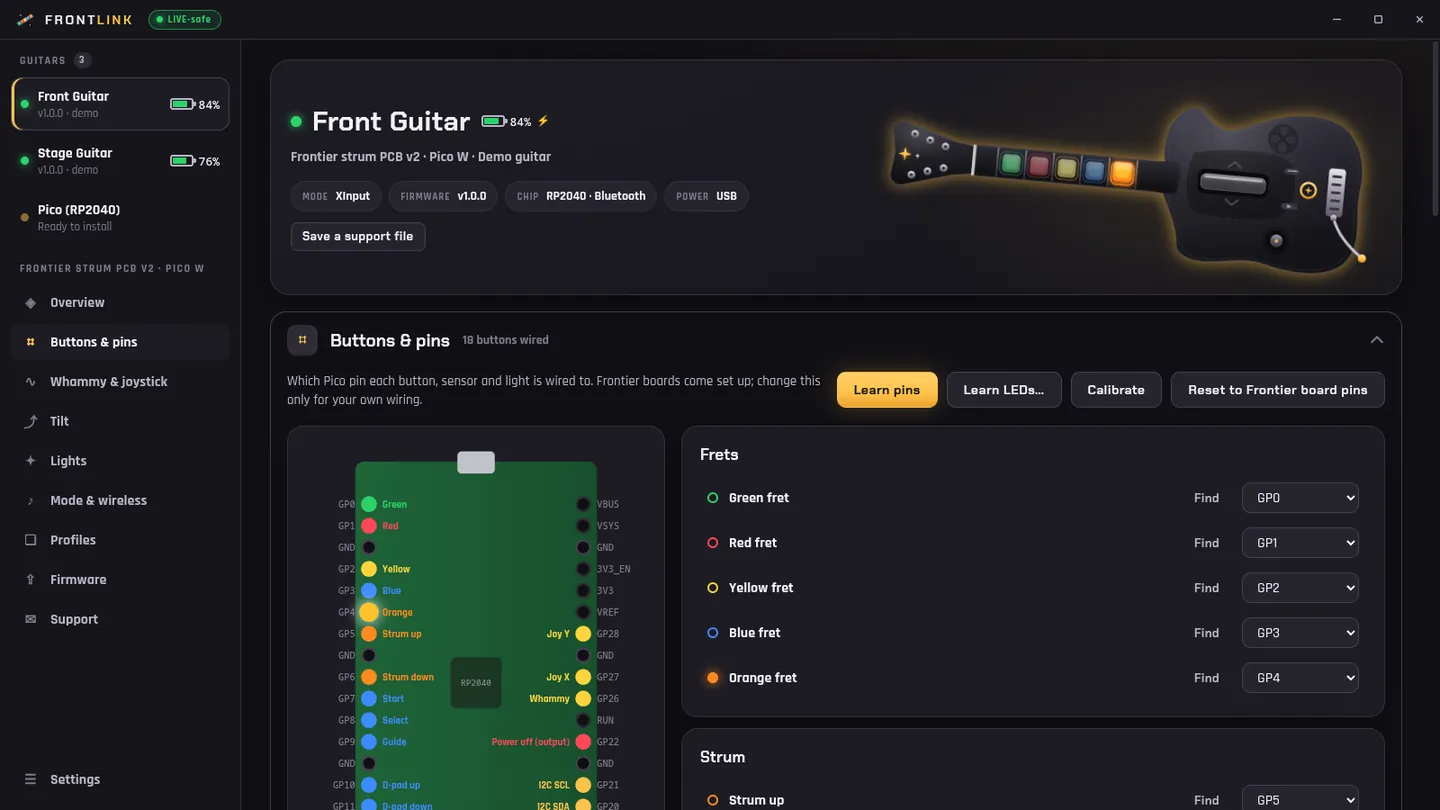 The FrontLink window showing a demo guitar named Front Guitar, with a Pico pin diagram and the fret pin list below.