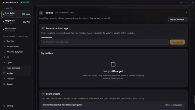 The FrontLink Profiles page with a profile name box, Save profile and board presets.