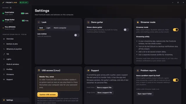 The FrontLink Settings page with Streamer mode switched on and its safe-streaming tips.