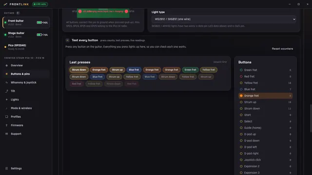 The FrontLink button tester listing the last presses (strum down, orange fret, blue fret) and a press count for every button.