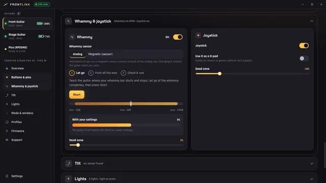 The FrontLink Whammy and joystick page with a three-step whammy set-up and a joystick dead zone slider.